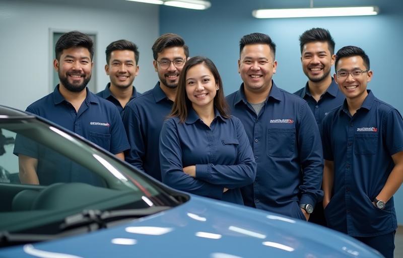 Friendly team members of Seoul Shine Auto Spa smiling next to a perfectly clean car.