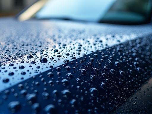 Large, perfect water beads forming on a car's paint after ceramic coating application, highlighting hydrophobicity.