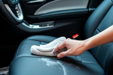 A vacuum cleaner and brushes being used to deep clean car interior surfaces.