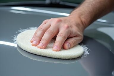 A detailer carefully applying wax by hand to a car's hood, showing a high gloss finish.